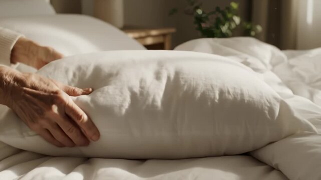 Throwing White Pillow Onto Comfortable Bed in Bedroom - Powered by Adobe