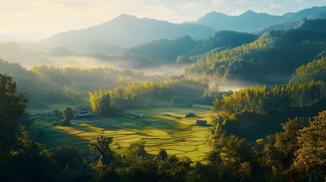A misty morning sunrise illuminates a valley with rolling hills, lush green trees, and a small house.