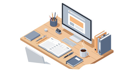 3D Illustration of Modern Office Workspace with Computer, Laptop, Monitor, Keyboard, Mouse, Printer, and Desk Setup – Business Communication, Technology Equipment, and Professional Work Environment