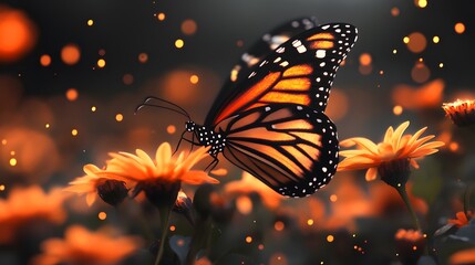 A monarch butterfly with orange wings rests on a yellow flower in a field of flowers with a glowing bokeh background.