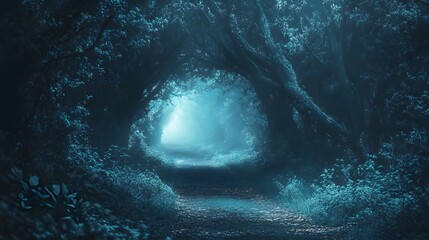 Obraz premium A mysterious path through a dense, foggy forest, illuminated by a soft, blue light.