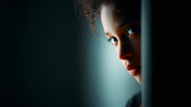 A captivating portrait of a young girl peeking from behind a wall, showcasing her expressive eyes and curious demeanor, enveloped in soft, subtle lighting and a mysterious atmosphere.