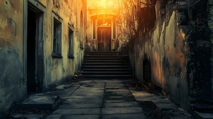 A narrow, cobblestone pathway leads up a set of stairs to a darkened doorway in a weathered, dilapidated building.