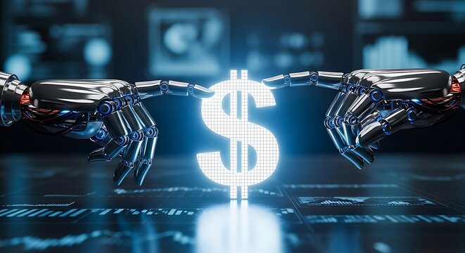 Robotic arms manipulating a glowing dollar sign for automation success - Powered by Adobe