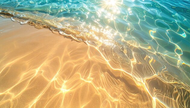 Close Up Of Sunlight Sparkling On The Turquoise Ocean Water Surface And Golden Sand Beach On A Tropical Island Paradise