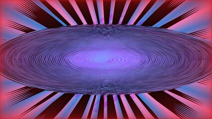 Symmetrical oval shape with intricate texture radiating outward with red and blue light rays on a dark background, psychedelic effect