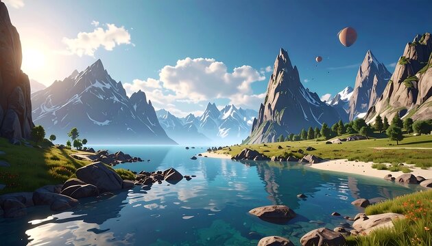 A vibrant scenic vista features snow-capped mountains reflected in a serene lake, under a clear blue sky with hot air balloons