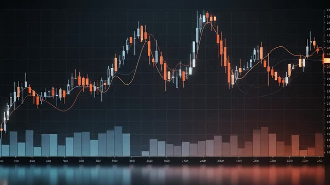 Financial graph with moving averages, candlestick chart, and volume bars