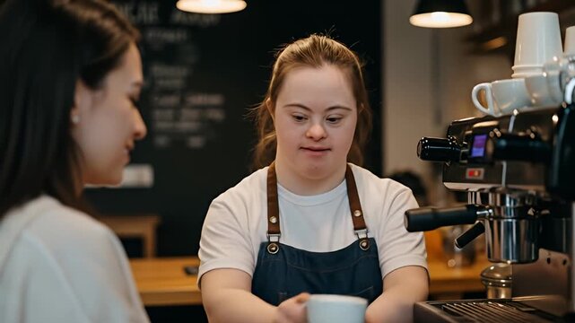 A barista with Down syndrome pours coffee for a customer at the coffee machine