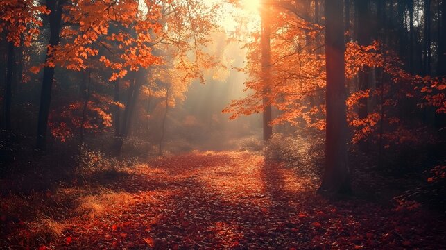 A path through a misty forest with the sun shining through the trees and red leaves on the ground.