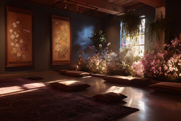 Calming Pastel Meditation Room for Relaxation Apps, Soft Wellness Workshops. Color Theme and Style: Pastel Tones, Soothing and Calming Style.