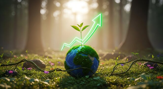Growing green business on Earth globe with upward neon trend arrow - Powered by Adobe
