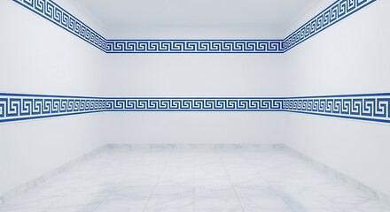 Empty square room with Classic seamless border pattern painted in blue and white.