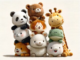 Adorable tower of stuffed animals featu a bear, panda, giraffe, lion, frog, hamster and cute piggies.