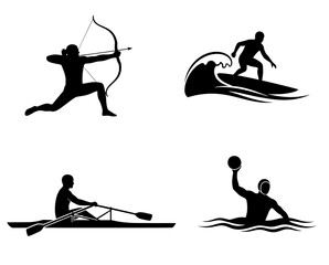 Dynamic sporting icons showcase archery, surfing, rowing, and water polo, perfect for team branding, athletic events, or recreational club promotion