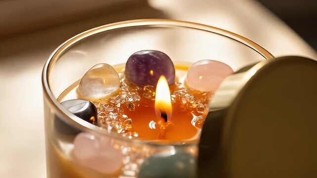 A lit candle inside a glass container adorned with crystals and stones