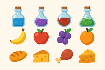 Colorful Flat Game Assets Set with Fantasy Food and Magic Potions, Cartoon Icons for RPG, Adventure, and Mobile Games, Perfect for UI, Inventory, and Casual Game Design Elements