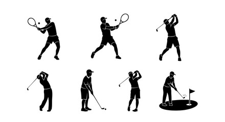 Dynamic set of sport silhouettes featuring tennis players and golfers in action, perfect for fitness, competition, or athletic designs and promotions