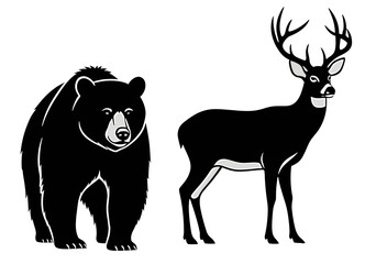 Majestic bear and deer wildlife illustration, showcasing nature's beauty, perfect for educational materials or nature-themed design projects, originally scalable