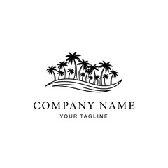 Tropical island logo featuring palm trees and ocean waves for branding.