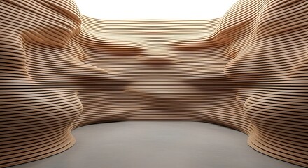 Empty square room with Abstract Architectural Detail of Curved Wooden Slats Creating Modern Rhythmic Patterns