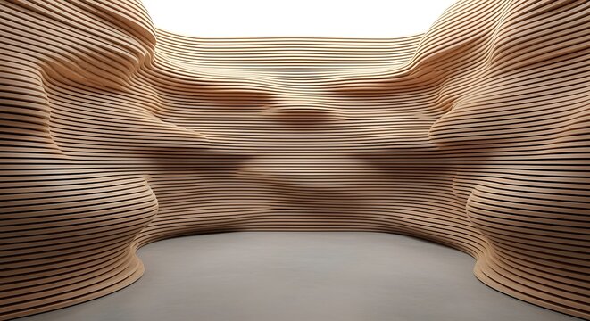 Empty square room with Abstract Architectural Detail of Curved Wooden Slats Creating Modern Rhythmic Patterns