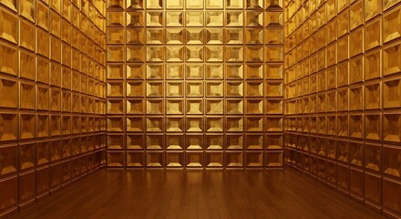 Empty square room with Beautiful golden carved convex shiny squares. Background, texture.