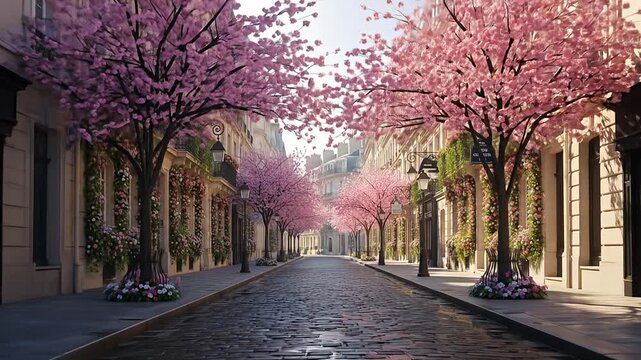 Parisian street lined with cherry blossoms and flower-draped buildings in soft light