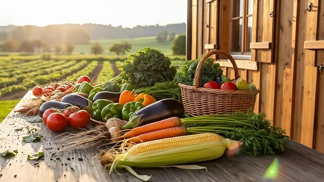 Harvested vegetables on a wooden table with a field and rustic barn in the background