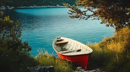 A red rowboat sits on the edge of a calm lake with green foliage and trees in the background.