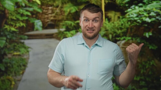 Man points thumb to forest path while wearing a light blue shirt and raising an uneasy eyebrow; confused doubt.