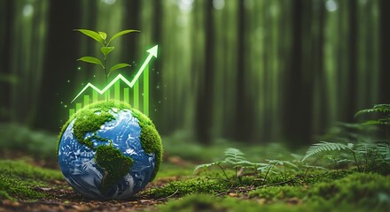Sustainable growth concept with world globe and chart in lush forest