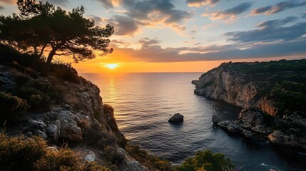 A scenic sunset over the Mediterranean Sea with a lone tree silhouetted against the setting sun. The golden light illuminates the rocky cliffs and calm waters below.
