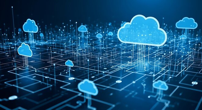 Digital cloud computing network abstract futuristic technology data transfer server storage information
