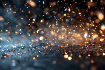 Golden and blue bokeh lights illuminate a shower of falling confetti over a dark, textured surface, symbolizing celebration, party, excitement, and a festive, vibrant atmosphere.