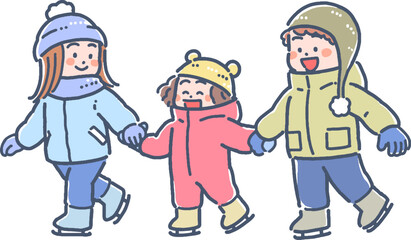 冬にアイススケートをする男の子と女の子のイラスト