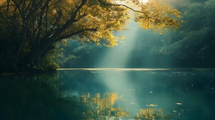 A serene lake with sunlight streaming through the branches of a tree on the shore.