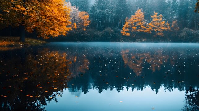 A serene lake with fog and fall foliage reflected in the water. - Powered by Adobe