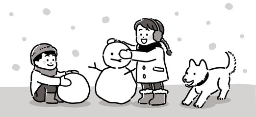 外で雪遊びする子供たちと犬のモノクロイラスト	
