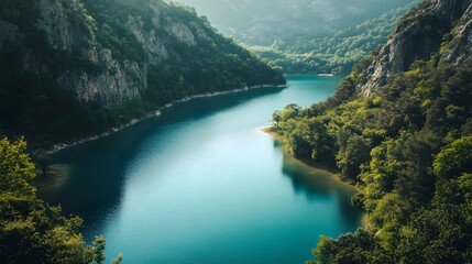 A serene mountain lake surrounded by lush greenery and rocky cliffs, with a clear blue sky overhead.