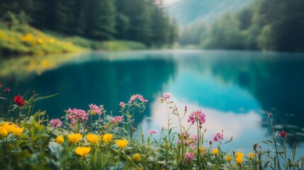 A serene mountain lake with wildflowers in the foreground and a forested hillside in the background.
