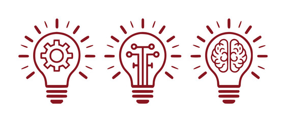 Three lightbulbs symbolizing innovation: gear, circuit board, and brain