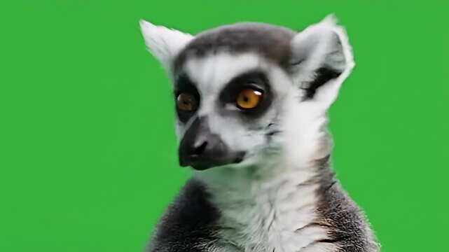 Lemur with white, black, and grey fur gazes towards us, with a green screen background