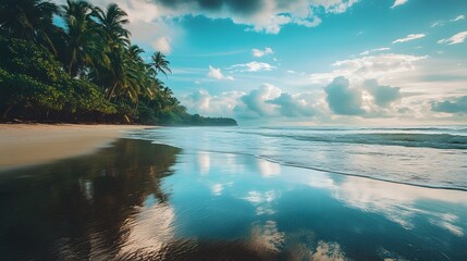 A serene tropical beach scene with calm, turquoise waters reflecting a blue sky and fluffy white clouds, framed by lush green palm trees on the sandy shore.