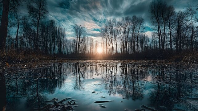 A serene sunset over a frozen lake with bare trees reflected in the still water. - Powered by Adobe
