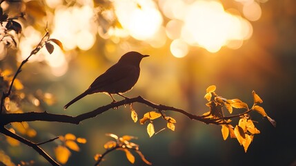 A silhouette of a bird perched on a branch against a sunset backdrop.
