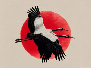 Naklejka premium Two graceful cranes soar against a vibrant red sun in a depiction of peaceful nature and beauty.