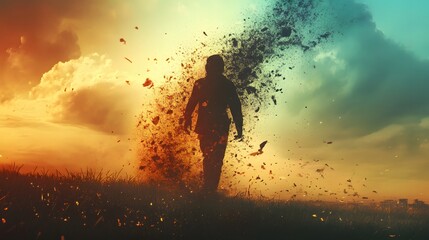 A silhouette of a person disintegrating into particles against a colorful sunset sky.