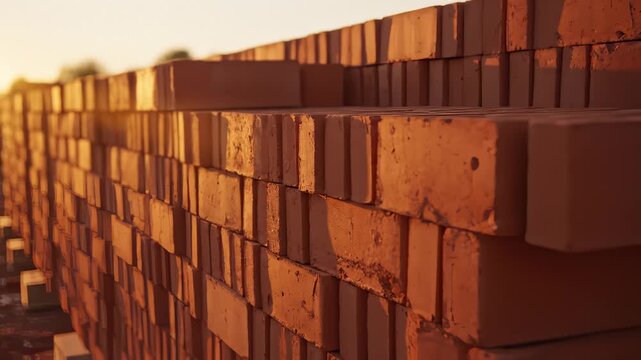 Stack of Red Bricks Ready for Construction at Golden Hour