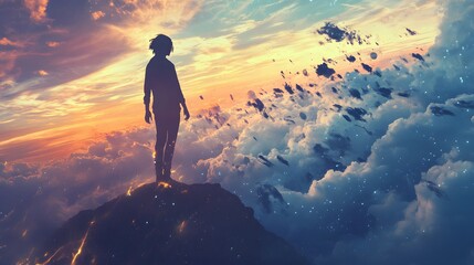 A silhouette of a person standing on a mountain peak with a fiery glow at their feet, looking out at a vibrant sunset and clouds dissolving into glowing particles.